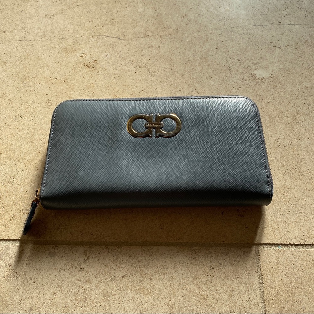 Salvatore Ferragamo leather zip around wallet, blue gray